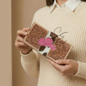 Cartera de Cuero Genuino Hecha a Mano con Piel de Vaca para Sombrero Vaquero, Estilo Occidental, Moda Vintage, Bolso de Mano con Cremallera para Mujer - Product Image 1