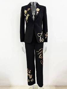 Womens Black Gold Sequin Cursive Lettering <b>Blazer</b> Suit <b>Set</b> 2 Piece Tailored Pantsuit - Product Image 2