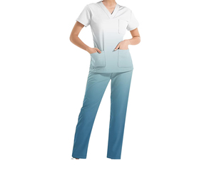 Conjunto de uniforme médico de algodón morado para mujer, top con cuello en V y bolsillos, pantalones rectos, uniformes de hospital, tela tejida, detección de agujas, venta al por mayor - Product Image 2