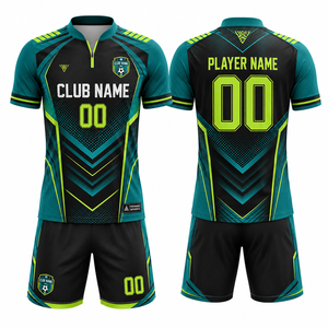 Ensemble de maillots de football personnalisés sublimés noir, vert sarcelle, manches courtes, pour hommes, en polyester anti-humidité, tenue d'équipe, coupe athlétique adulte - Product Image 1