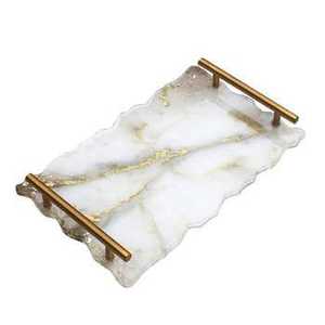 Luxury <b>Black</b> and White Split Resin Serving <b>Tray</b> with Gold Foil Accents Wavy Geode Style Platter with Gold Metal Handles - Product Image 3