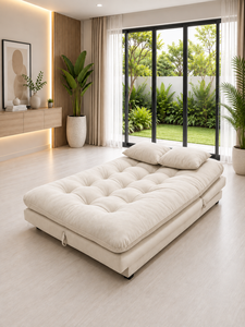 โซฟาเบดสีเบจทันสมัย โซฟาผ้า Smile พร้อมเบาะนุ่มแบบ Tufted และขาสีดำ รวมหมอนอิง เหมาะสำหรับอพาร์ทเมนต์ โรงแรม และห้องนั่งเล่น - Product Image 3