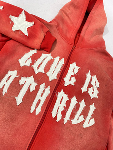 เสื้อฮู้ดผู้ชายสีแดง ปักลาย Love Is A Thrill Stars ทรงโอเวอร์ไซส์ สไตล์ลำลอง ซิปหน้า ผ้าถัก คอตตอน สไตล์ฤดูใบไม้ร่วง - Product Image 4
