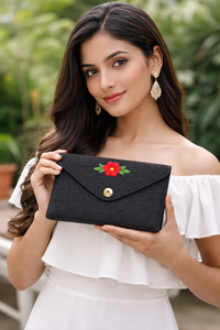 Pochette minimaliste premium écologique en jute noire, pochette enveloppe minimaliste écologique, sac à main de soirée avec fermeture magnétique pour femmes - Product Image 2