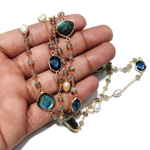 Collier de perles multicolores en pierres naturelles, plaqué or 18 carats, argent sterling, style bohème, kyanite, labradorite, perle d'eau douce - Product Image 4