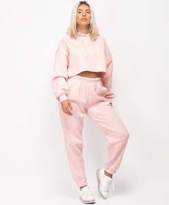 Women Pink Hooded Cropped Sweatshirt <b>Tracksuit</b> Set Full Sleeve Solid Color Casual Joggers Side Pockets Elastic Waist - Product Image 3