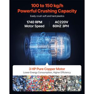 Trituratore di Bottiglie in Plastica da 3HP, Capacità 100-150kg/h, Macchina per Riciclaggio con Motore da 2.2KW - Product Image 2