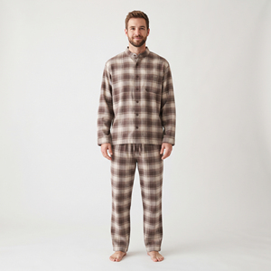 Conjunto de Pijama de Franela para Hombre, Manga Larga, Cuello Alto, Cierre de Botones, 100% Algodón, Ropa de Invierno, Estilo Holgado y Oversize - Product Image 1