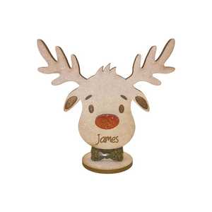 Personalized Wooden Reindeer Decoration With Green <b>Bow</b> And <b>Red</b> Nose Christmas Tabletop Ornament Sarah Name Engraved - Product Image 2