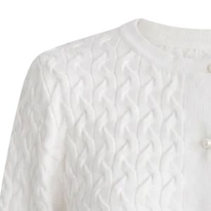 <b>Women</b>’s White <b>Cable</b> <b>Knit</b> Cropped Cardigan Pearl Button Long Sleeve Crew Neck Embroidered Casual <b>Sweater</b> Fashion Knitwear - Product Image 4