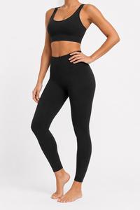 Women's Eco-Friendly for Seamless 2 Piece Yoga Set High Waist Leggings Sports Bra Scoop Neck Racerback Full Length Solid Black - Product Image 5