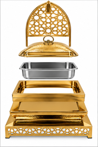 Plat à réchaud royal en acier inoxydable martelé, durable, avec poignées et couvercle dorés, idéal pour les réceptions - Product Image 5