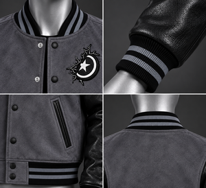 Blouson universitaire homme personnalisé gris et noir avec manches en cuir, style Letterman, Bomber, Baseball, Streetwear, boutons-pression, OEM, vente en gros - Product Image 4