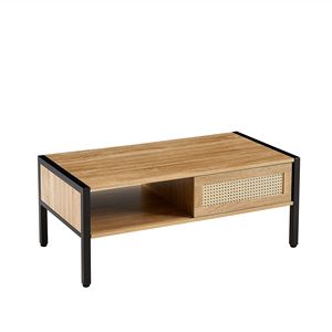 Tavolino da Salotto Moderno da 102 cm con Ante Scorrevoli, Design in Rattan e Gambe in Metallo, Stile Naturale - Product Image 6