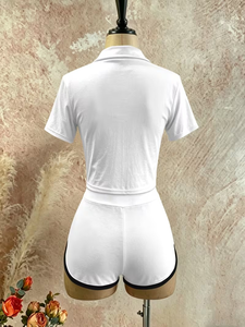 Women's Solid Color Two-Piece Shorts Set Polo Collar Short Sleeve Breathable Sporty Regular Fit Knitted Polyester Spring Summer - Product Image 5