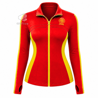 Ensemble de sport pour femme NSPDK rouge avec panneaux latéraux contrastants dorés, veste à col montant et fermeture éclair intégrale, leggings taille haute, ensemble de vêtements de sport
