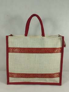 Sac fourre-tout en jute naturel avec ruban floral décoratif, fermeture éclair supérieure en corde rouge, réutilisable, écologique, pour mariage et exposition - Product Image 1