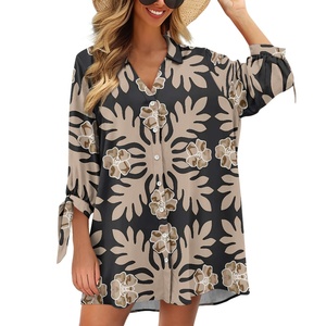 Cárdigan informal personalizado para mujer con cuello en V, botones, manga tres cuartos, estampado floral, top largo a la moda - Product Image 1