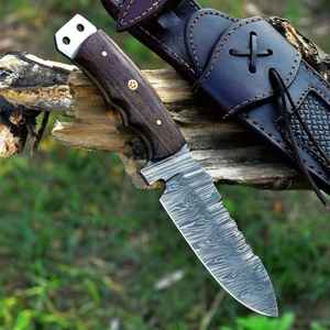 Couteau de chasse à lame fixe en acier Damas, fait main, pour la survie en plein air, vente en gros, avec manche en bois, personnalisable OEM avec étui - Product Image 2
