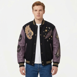 Veste universitaire classique bleu marine et beige crème, authentique, en laine, avec col polo, patchs lettres en chenille et clous, style décontracté - Product Image 2