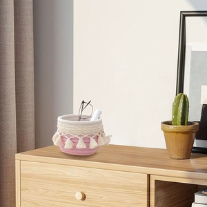 Premium Handmade Macrame <b>Basket</b> Cotton Rope Woven <b>Small</b> <b>Storage</b> Bin with Fringe for Nursery Bedroom Desktop Sundries Decor - Product Image 3