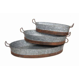 Ensemble de 2 grands plateaux de service ovales galvanisés avec poignées métalliques, élégants plateaux décoratifs en métal pour la cuisine, les fêtes et la décoration intérieure - Product Image 4