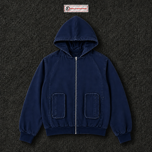 <b>Vintage</b> Washed Navy Blue <b>Oversized</b> Zip Up Hoodie Men Streetwear Loose Fit Heavyweight Full Zipper Hooded <b>Sweatshirt</b> With Pockets - Product Image 5