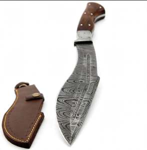 Cuchillo utilitario de hoja fija de acero de Damasco curvado hacia adentro, hecho a mano, personalizado, OEM, con mango de palisandro natural figurado y bolster de acero. - Product Image 3