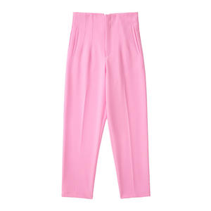 Pantalones casuales clásicos de mujer de cintura alta elástica, holgados, rectos, hasta el tobillo, transpirables, de color liso, estilo primavera con abertura frontal. - Product Image 1