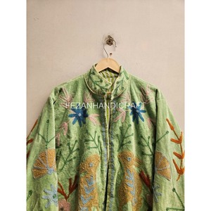 Chaqueta de Terciopelo con Bordado Floral a Mano, Cuello Mao Verde, Cierre Abierto, Exterior de Algodón, Abrigo Casual de Primavera para Mujer - Product Image 2
