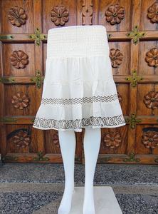 Handmade Soft Breathable A-Line Bohemian <b>White</b> Cotton <b>Tiered</b> <b>Skirt</b> Elastic Waist Decorative Brown Embroidery (ODM) Knee-Length - Product Image 2