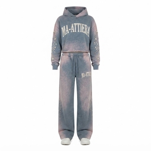Custom Women Acid Wash Blue Gray <b>Cropped</b> Hoodie Wide Leg <b>Jogger</b> Set Cotton Fleece Rhinestone Tracksuit OEM Wholesale - Product Image 3