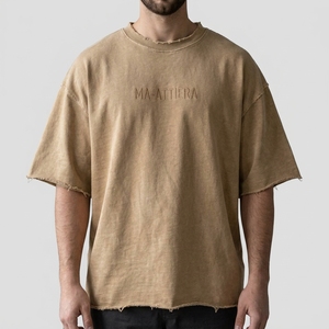 <b>Men's</b> T Shirt Beige Distressed Raw Edge Crew <b>Neck</b> Short Sleeve Oversized Fit Text Print Casual Streetwear <b>Tshirt</b> - Product Image 1