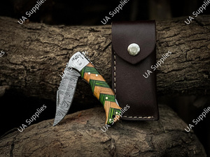 Cuchillo Plegable EDC de Acero de Damasco de Alta Calidad con Punta Caída y Mango de Madera Pakka Oliva, Venta Caliente, OEM/ODM Disponible - Product Image 6