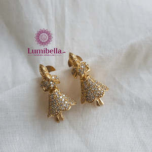 Chandelier Drop Pearl Stud Earrings-Ethnic Religious Heart Pendant Jhumka - Product Image 1