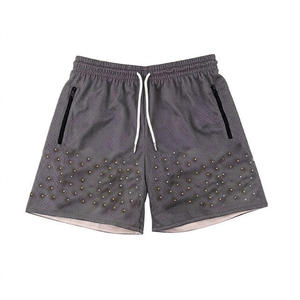 Shorts de sport pour homme en coton à séchage rapide, taille mi-haute élastique, cordon de serrage, poches zippées, couleur unie noir bleu gris, athlétique - Product Image 4