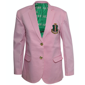 Women's Pink <b>Blazer</b> with Embroidered Crest <b>Gold</b> <b>Buttons</b> Long Sleeve Notched Lapel Fitted Jacket Green Printed Lining Flap Pocket - Product Image 1