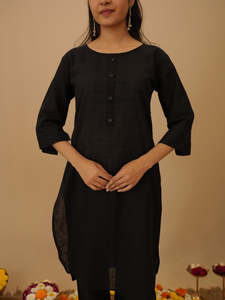 Conjunto de Kurta y Pantalón de Algodón Puro, Mangas Largas, Ecológico, Teñido Liso, Kurta Recta con Pantalón Estándar - Product Image 3