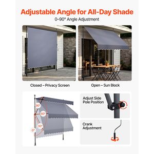 Auvent de terrasse rétractable manuel, hauteur réglable 118 pouces, abri pare-soleil pour porte et fenêtre extérieures, projection maximale 5 m - Product Image 5