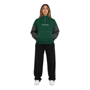 Women Private Label Color <b>Block</b> Quarter Zip Sweatshirt with Front Logo Heavy Fleece Oversized Pullover OEM ODM Supplier Hoodies - Product Image 3