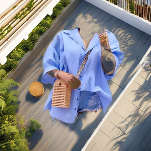 Nouvelle Collection Été – Blouse Ample Respirante à Rayures, Détails Franges, Dos Creux, Fente, Cordon de Serrage, Manches Trois-Quarts, Style Preppy Non Tissé - Product Image 1