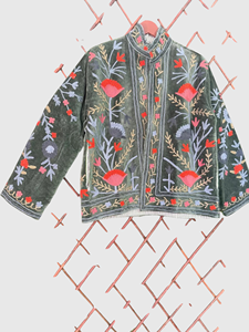 Veste en velours brodée à la main avec des motifs floraux, manches longues, col mandarin, taille plus, vêtements d'automne pour femmes - Product Image 4