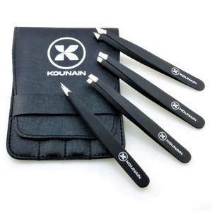 Ensemble professionnel de 04 pinces à sourcils en acier inoxydable noir avec étui d'épilation incarnée à pointe inclinée inclus - Product Image 6