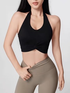 Women Backless Halter Sports Bra Front Gathered Knot Gym <b>Crop</b> <b>Top</b> Moisture Wicking Padded Running Athleisure Bralette - Product Image 2
