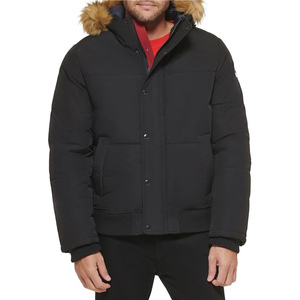 Men's Black Puffer <b>Jacket</b> With <b>Fur</b> <b>Hood</b> Windproof Winter Coat Regular Fit Solid Color Polyester Shell Thick Warm Casual Style - Product Image 2