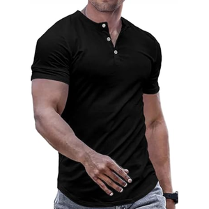 เสื้อเชิ้ตเฮนลีย์ทรงสลิมสำหรับผู้ชาย – เสื้อยืดออกกำลังกายคอกลมทรงยาวพร้อมกระดุม - Product Image 1