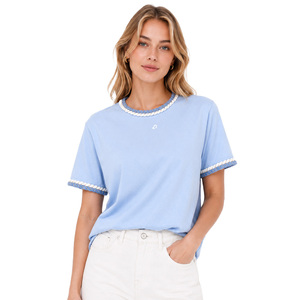 Camiseta Azul Claro con Cuello Redondo y Logotipo Personalizado, Ribete Trenzado, Manga Corta, 100% Algodón, Camisas de Mujer, Tops Casuales, Ropa de Verano de Lujo - Product Image 1
