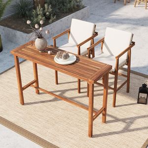 Juego de Bar de 3 Piezas de Madera de Acacia para Exteriores, Mesa de Comedor para Patio y 2 Taburetes con Cojines para Jardín o Piscina - Product Image 1