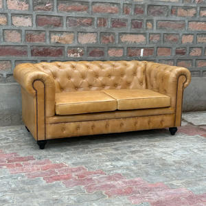 Luxury Beige Chesterfield Leather <b>Sofa</b> Two Seater <b>Wood</b> <b>Frame</b> Deep Button Tufted Back Rolled Arms Vintage Living Transitional - Product Image 1