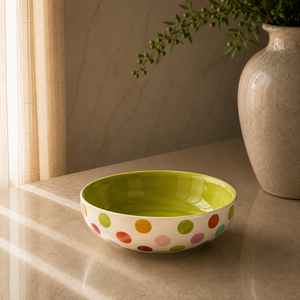 Contemporary Stylish Ceramic Pasta Bowl Colorful Polka Dot Artwork Wide Glazed Design for Modern Casual Dining Tables - Product Image 1